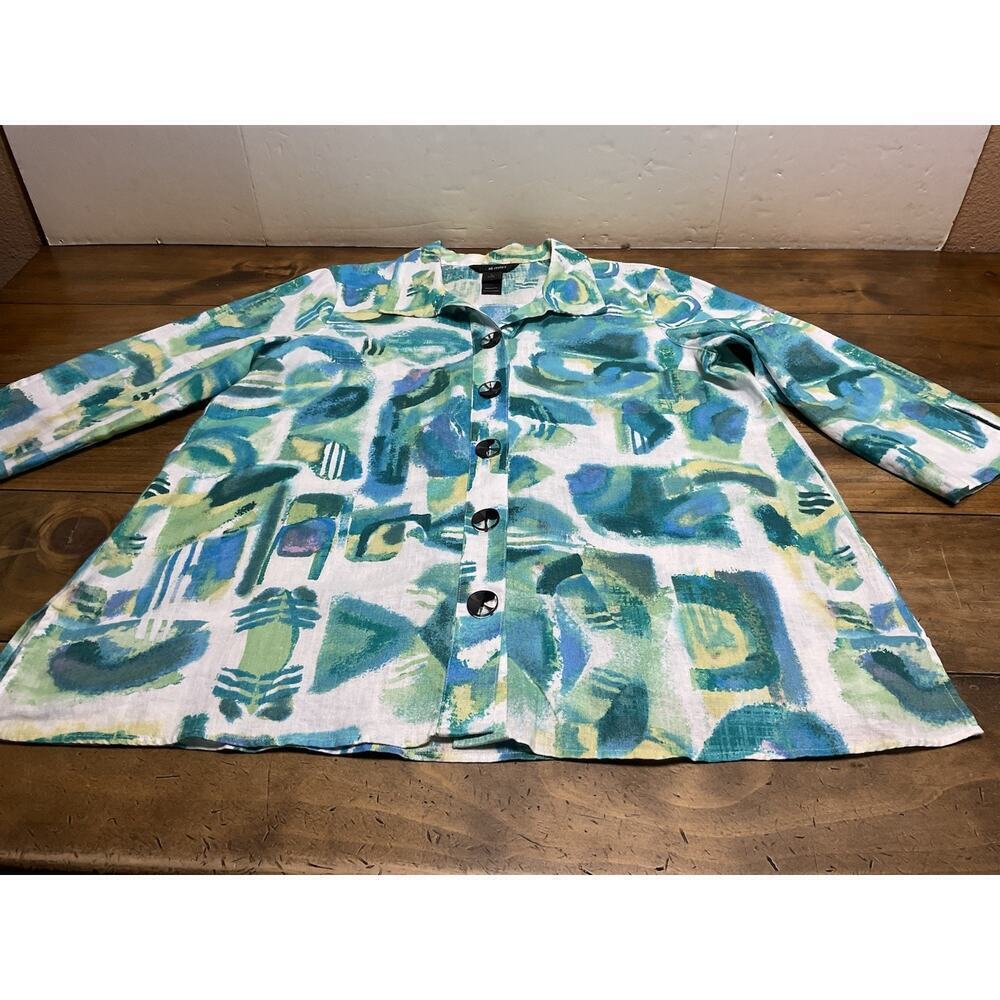 Ali Miles Button Front Tunic Top Linen Blend Blue Green Watercolor Abstract Sz L - Picture 2 of 10